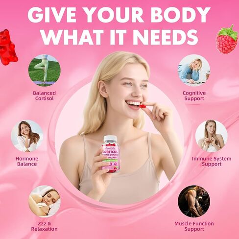 Cortisol Gummies for Women, Cortisol Supplements Gummies with Magnesium Ashwagandha Rhodiola Rosea and L-theanine Complex for Relaxation and Focus, Zzz Support, Raspberry Flavor, 60 Count in Saudi Arabia