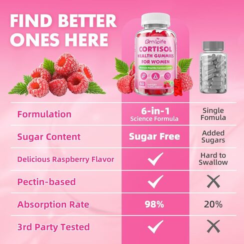 Cortisol Gummies for Women, Cortisol Supplements Gummies with Magnesium Ashwagandha Rhodiola Rosea and L-theanine Complex for Relaxation and Focus, Zzz Support, Raspberry Flavor, 60 Count in Saudi Arabia
