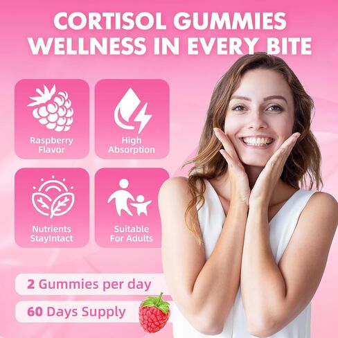 Cortisol Gummies for Women, Cortisol Supplements Gummies with Magnesium Ashwagandha Rhodiola Rosea and L-theanine Complex for Relaxation and Focus, Zzz Support, Raspberry Flavor, 60 Count in Saudi Arabia