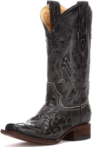 Corral Boots Womens Distressed Embroidery Square Toe Casual Boots Mid Calf Low Heel 1-2" - Black, Grey in Kuwait