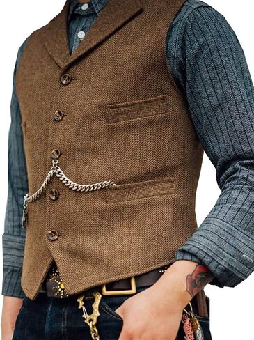 HBDesign Mens Vest Lapel Wool Herringbone Tweed Vests Slim Business Vests Custom Made Sleeveless in Saudi Arabia