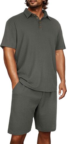PrinStory Men's Summer Outfits Waffle Knit Polo Shirt and Shorts Set 2 Pieces Casual Tracksuit with Pockets in Saudi Arabia