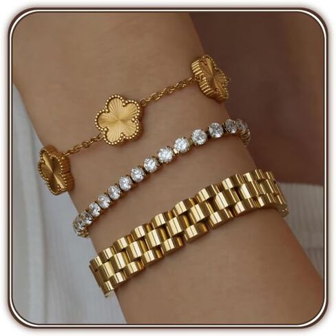 3pcs الأساور الذهبية مجموعة للنساء والرجال-18K Gold Plated Flower & Infinity Love Knot Charms-CZ Tennis Chain Link & Watch Band Bracele in Kuwait