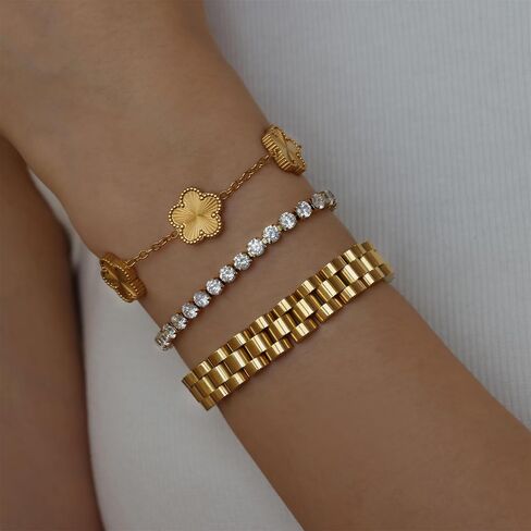 3pcs الأساور الذهبية مجموعة للنساء والرجال-18K Gold Plated Flower & Infinity Love Knot Charms-CZ Tennis Chain Link & Watch Band Bracele in Kuwait