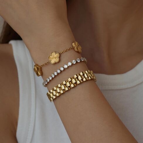 3pcs الأساور الذهبية مجموعة للنساء والرجال-18K Gold Plated Flower & Infinity Love Knot Charms-CZ Tennis Chain Link & Watch Band Bracele in Kuwait