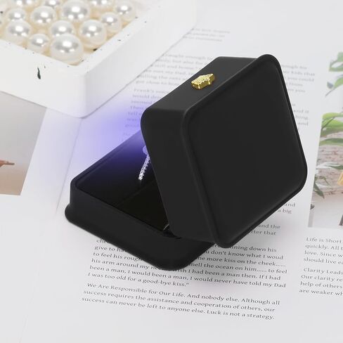 مربع هدايا خاتم زفاف المجوهرات مع ضوء LED ، حلقات صغيرة حركية الحركية لحفل مشاركة الزفاف ، صناديق تخزين منظم المجوهرات للنساء فتاة (أسود) in Saudi Arabia