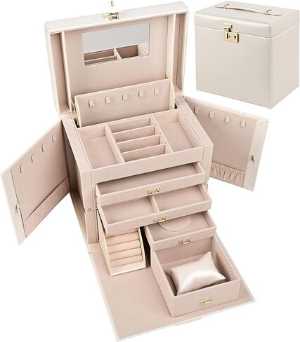 Jewelry Box Luxurious Accessory Case Storage Organizer Faux-Leather with Lock Handle Mirror Earrings Necklace Ring Rests Gift for Women in Kuwait