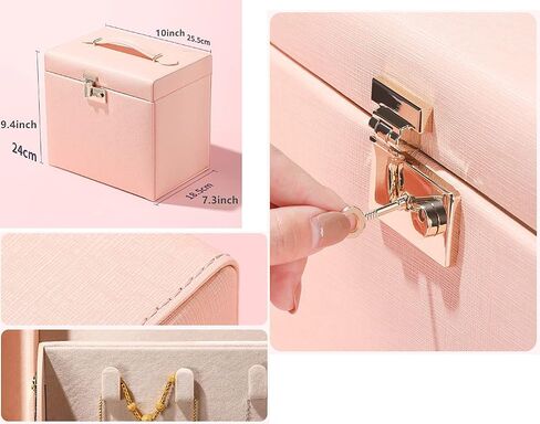 Jewelry Box Luxurious Accessory Case Storage Organizer Faux-Leather with Lock Handle Mirror Earrings Necklace Ring Rests Gift for Women in Kuwait