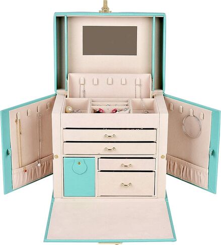 Jewelry Box Luxurious Accessory Case Storage Organizer Faux-Leather with Lock Handle Mirror Earrings Necklace Ring Rests Gift for Women in Kuwait