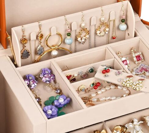 Jewelry Box Luxurious Accessory Case Storage Organizer Faux-Leather with Lock Handle Mirror Earrings Necklace Ring Rests Gift for Women in Kuwait