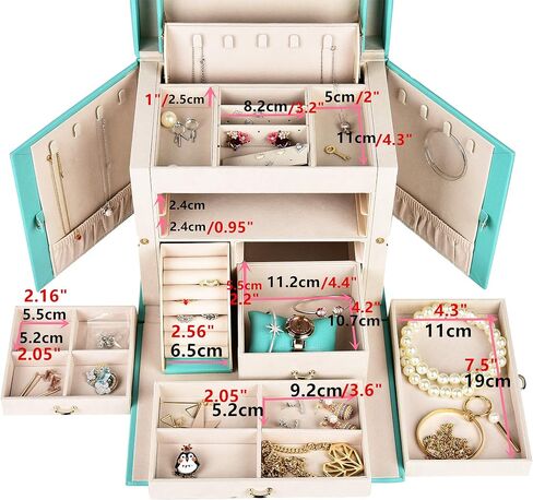 Jewelry Box Luxurious Accessory Case Storage Organizer Faux-Leather with Lock Handle Mirror Earrings Necklace Ring Rests Gift for Women in Kuwait