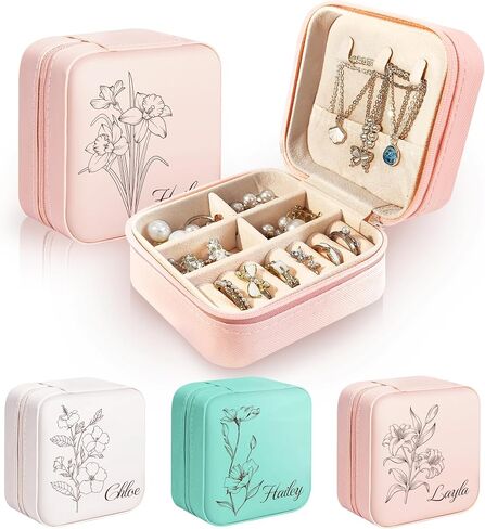 Caramel Sweet Life Jewelry Box | Personalized Jewelry Organizer | Mom Gifts | Small Travel Jewelry Case with Colorful Birth Flowers in Saudi Arabia