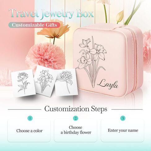 Caramel Sweet Life Jewelry Box | Personalized Jewelry Organizer | Mom Gifts | Small Travel Jewelry Case with Colorful Birth Flowers in Saudi Arabia