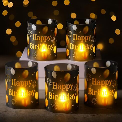 10 Pcs Happy Birthday Centerpieces for Tables Birthday Lantern Boxes with Tea Lights Candles Centerpieces for Table Ideas for Women Men Party Supplies(Black and Gold, Simple) in Saudi Arabia