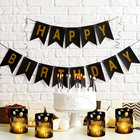 10 Pcs Happy Birthday Centerpieces for Tables Birthday Lantern Boxes with Tea Lights Candles Centerpieces for Table Ideas for Women Men Party Supplies(Black and Gold, Simple) in Saudi Arabia