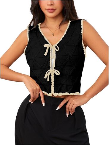 MakeMeChic Women's Contrast Binding V Neck Tie Front Sweater Vest Top Sleeveless Crochet Vest in Kuwait