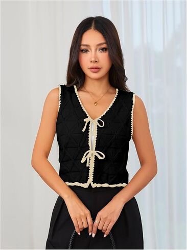 MakeMeChic Women's Contrast Binding V Neck Tie Front Sweater Vest Top Sleeveless Crochet Vest in Kuwait