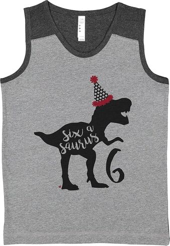 7 ate 9 Apparel Kids Six asaurus 6th Dinosaur Dino Birthday Grey Contrast Tank Top in Saudi Arabia