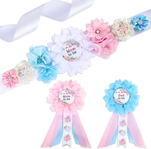 Baseball or Bows Baby Shower Maternity Sash Kit - Baseball Theme Gender Reveal Party Belly Belt and Mom to Be & Dad to Be Corsage Pins, New Parents Pregnancy Photo Props Party Supplies in Kuwait