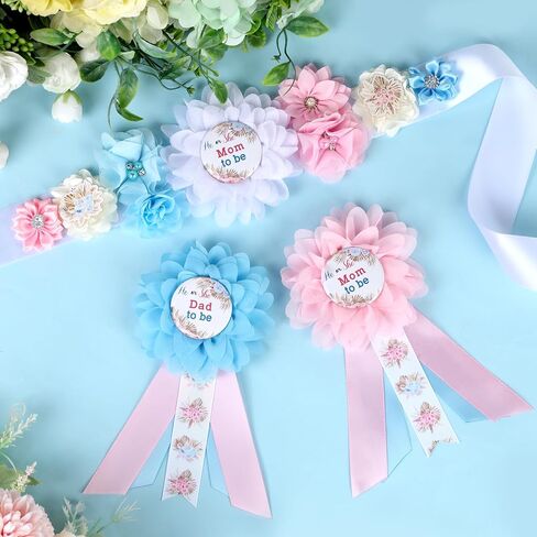 Baseball or Bows Baby Shower Maternity Sash Kit - Baseball Theme Gender Reveal Party Belly Belt and Mom to Be & Dad to Be Corsage Pins, New Parents Pregnancy Photo Props Party Supplies in Kuwait