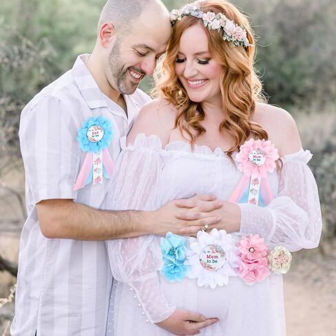 Baseball or Bows Baby Shower Maternity Sash Kit - Baseball Theme Gender Reveal Party Belly Belt and Mom to Be & Dad to Be Corsage Pins, New Parents Pregnancy Photo Props Party Supplies in Kuwait