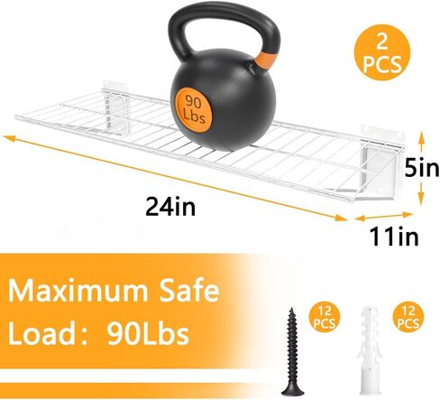 Wall Shelf 24'' x 11'' Garage Wall Mounted Storage Shelves, Heavy Duty Metal Wire Wall Shelving Storage Rack for Garage, Office, Basement, Max Load 90lb,Black, 2-Pack in Saudi Arabia