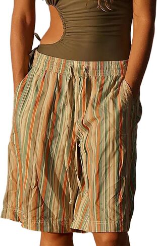 شورتات ماجنة Missactiver Women Stripe Bermuda شورتات الطول بطول الخصر المرن عريض الساق الفضفاضة مع جيوب برتقالية in Saudi Arabia