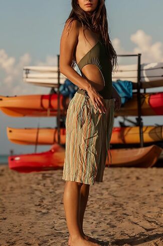 شورتات ماجنة Missactiver Women Stripe Bermuda شورتات الطول بطول الخصر المرن عريض الساق الفضفاضة مع جيوب برتقالية in Saudi Arabia
