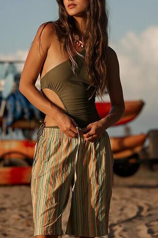 شورتات ماجنة Missactiver Women Stripe Bermuda شورتات الطول بطول الخصر المرن عريض الساق الفضفاضة مع جيوب برتقالية in Saudi Arabia