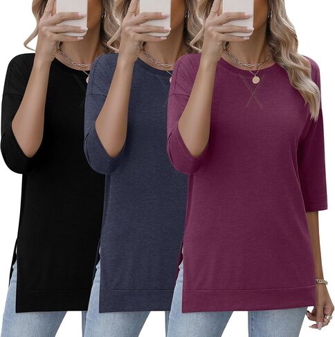 Huukeay 3 Pack Women's 3/4 Sleeve Cotton Tunic Tops Side Slit Loose Fit Round Neck Tee Shirt Casual Basic Blouse for Leggings in Kuwait