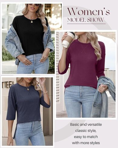 Huukeay 3 Pack Women's 3/4 Sleeve Cotton Tunic Tops Side Slit Loose Fit Round Neck Tee Shirt Casual Basic Blouse for Leggings in Kuwait