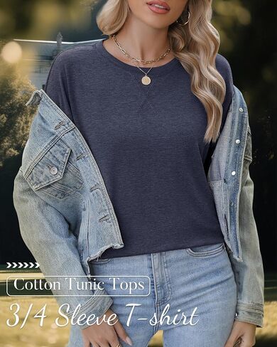 Huukeay 3 Pack Women's 3/4 Sleeve Cotton Tunic Tops Side Slit Loose Fit Round Neck Tee Shirt Casual Basic Blouse for Leggings in Kuwait