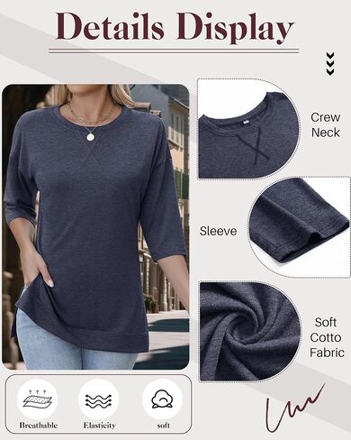 Huukeay 3 Pack Women's 3/4 Sleeve Cotton Tunic Tops Side Slit Loose Fit Round Neck Tee Shirt Casual Basic Blouse for Leggings in Kuwait