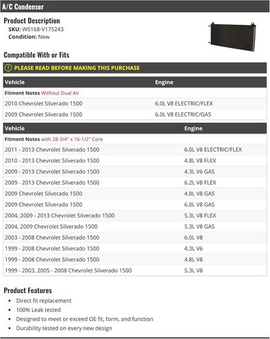مكثف A/C - متوافق مع 1999-2013 Chevy Silverado 1500 in Saudi Arabia