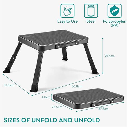 Navaris Portable Step Stool - Folding One Step Ladder - 16cm / 18.5cm / 21.2 cm (6.3" / 7.3" / 8.4") Adjustable Height - 150kg (330 lb) Max Capacity - White in Kuwait