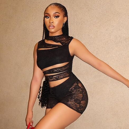 Women Sexy Lace Patchwork See Through Shorts Jumpsuits Hollow Out Sleeveless Bodycon Romper Club Outfits in Saudi Arabia