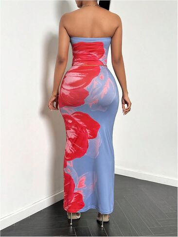 MakeMeChic Women's Two Piece Outfit Floral Strapless Bandeau Crop Tops and Bodycon Maxi Skirt Set in Saudi Arabia