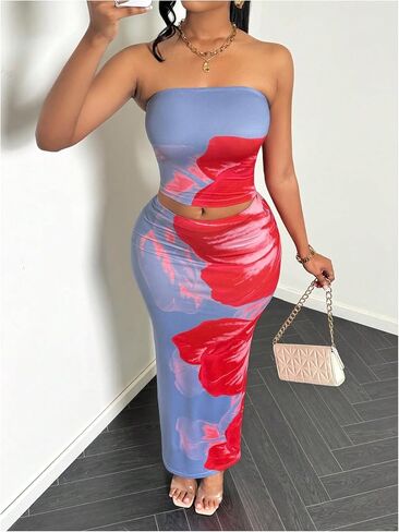 MakeMeChic Women's Two Piece Outfit Floral Strapless Bandeau Crop Tops and Bodycon Maxi Skirt Set in Saudi Arabia