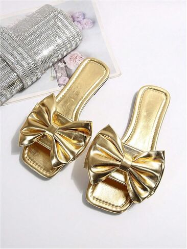 Verdusa Women's Metallic Bowknot Dressy Sandals Square Toe Slip on Slippers in Saudi Arabia