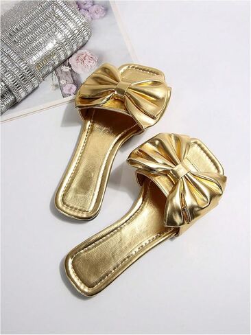 Verdusa Women's Metallic Bowknot Dressy Sandals Square Toe Slip on Slippers in Saudi Arabia
