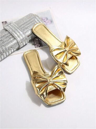 Verdusa Women's Metallic Bowknot Dressy Sandals Square Toe Slip on Slippers in Saudi Arabia