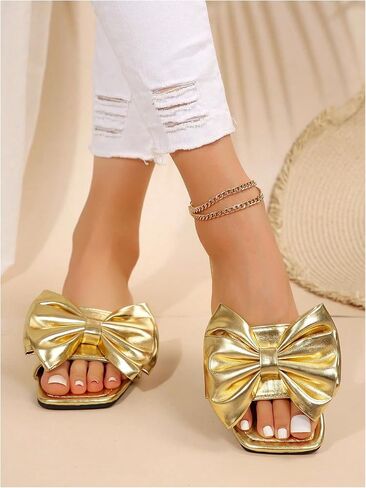 Verdusa Women's Metallic Bowknot Dressy Sandals Square Toe Slip on Slippers in Saudi Arabia