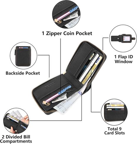Airtag Wallets For Men With Zipper RFID Blocking Leather Bifold Mens Wallet - Big Capacity Credit Card Travel Wallet - Flap ID Window Zip Coin Pocket (Black) in Saudi Arabia