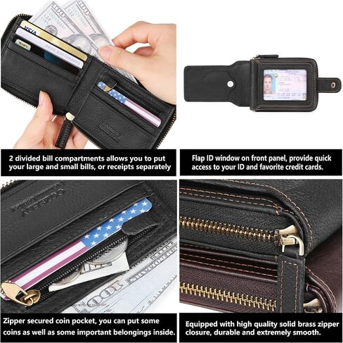Airtag Wallets For Men With Zipper RFID Blocking Leather Bifold Mens Wallet - Big Capacity Credit Card Travel Wallet - Flap ID Window Zip Coin Pocket (Black) in Saudi Arabia