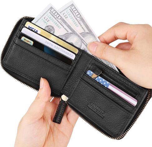 محافظ Airtag للرجال مع سحاب RFID حظر الجلود محفظة Bifold Mens - محفظة كبيرة للسفر على بطاقة الائتمان - WINDOW WINDOW COIN COIN (أسود) in Kuwait