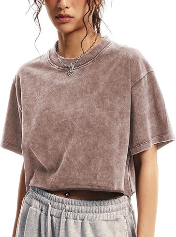 Womens Oversized Vintage T Shirts Casual Cropped Tees Short Sleeve Cotton Acid Wash Tops Summer Grunge Shirts in Kuwait