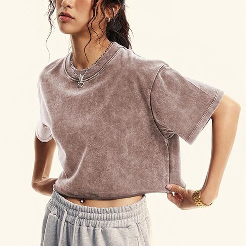 Womens Oversized Vintage T Shirts Casual Cropped Tees Short Sleeve Cotton Acid Wash Tops Summer Grunge Shirts in Kuwait