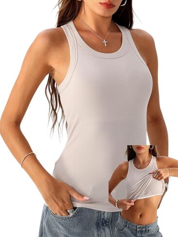Danysu Ribbed Cotton Tank Tops for Women with Built in Bra High Neck Racerback Sleeveless Basic Fitted Long Camisoles in Saudi Arabia
