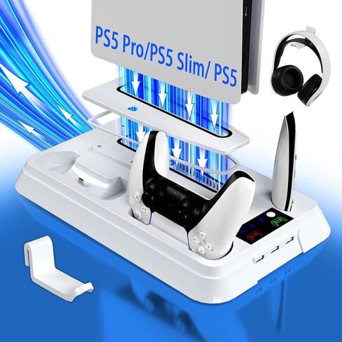 PS5 Cooling Station, PS5 Slim Stand RGB and Turbo Fan with Dual Charging Station, PS5 Accessories Kits, Vertical Stand with 3 Levels Cooling Fan, Headset Holder for PS5 Digital/Disc-Black in Saudi Arabia