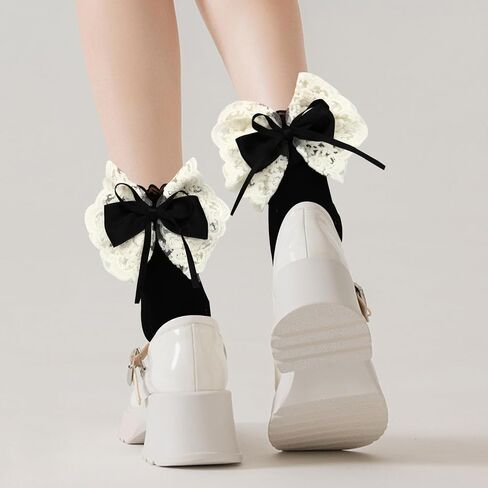 Violet Mist Lace Ruffle Crew Socks for Women Frilly Cotton Dress Socks with Stain Bow Princess Socks Lace Lettuce Trim Socks in Saudi Arabia